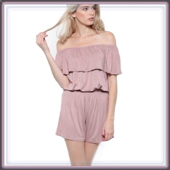 Off Shoulder Ruffled Overlay Lilac Jersey Romper - Picture 3 of 8